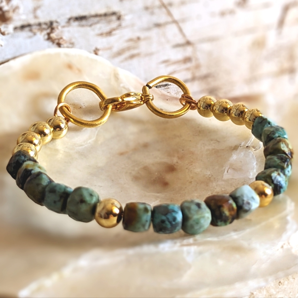 Natural African Turquoise & Gold Balls In Half And Half Beaded Bracelet
